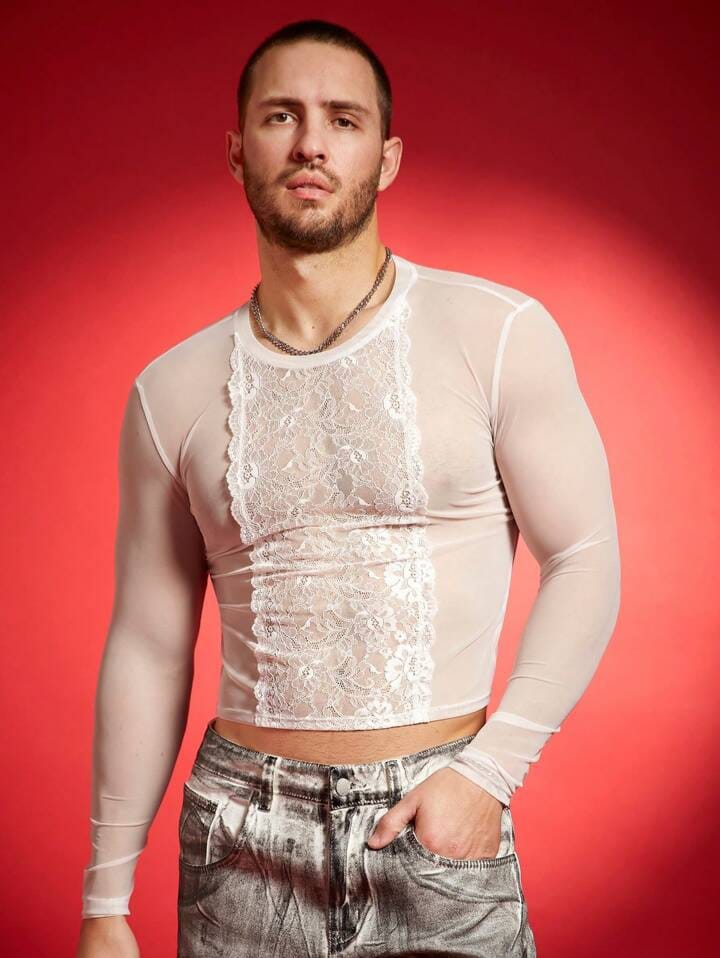 Men's Lace Patchwork Sheer Cut-Short T-Shirt